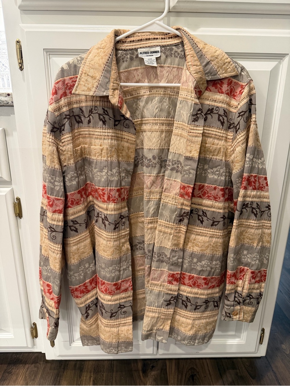 Alfred Dunner Beige Gray and Red Striped Patchwork Button-Down Shirt